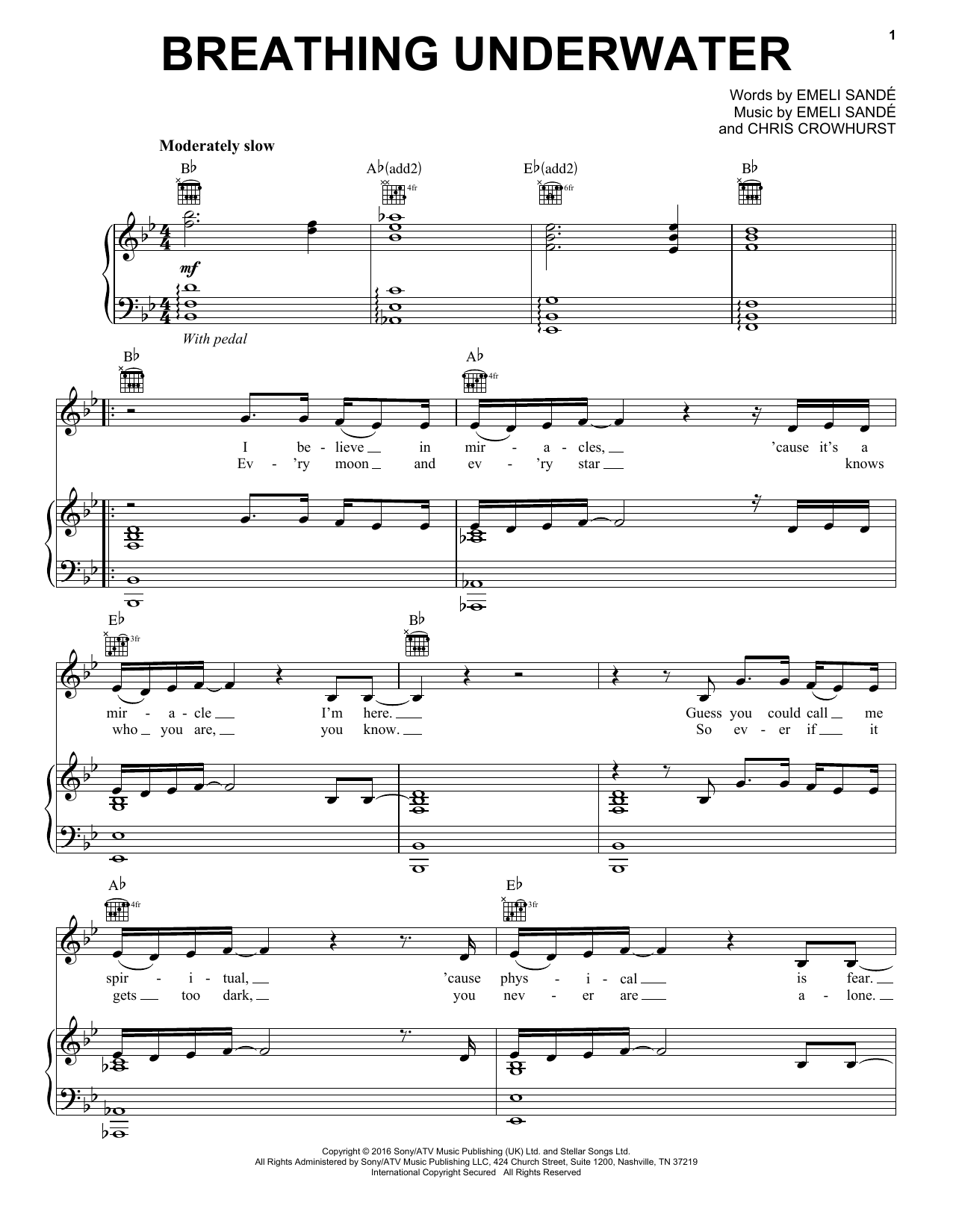 Emeli Sandé Breathing Underwater Sheet Music Notes & Chords for Piano, Vocal & Guitar (Right-Hand Melody) - Download or Print PDF