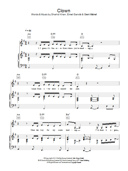 Emeli Sandé Clown Sheet Music Notes & Chords for Piano, Vocal & Guitar - Download or Print PDF