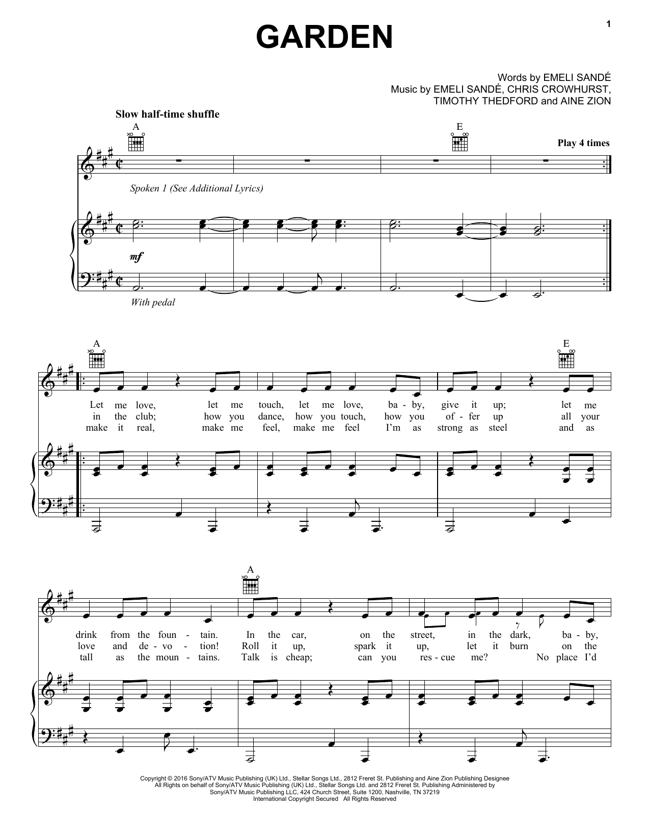 Emeli Sande featuring Jay Electronica & Aine Zion Garden Sheet Music Notes & Chords for Piano, Vocal & Guitar (Right-Hand Melody) - Download or Print PDF