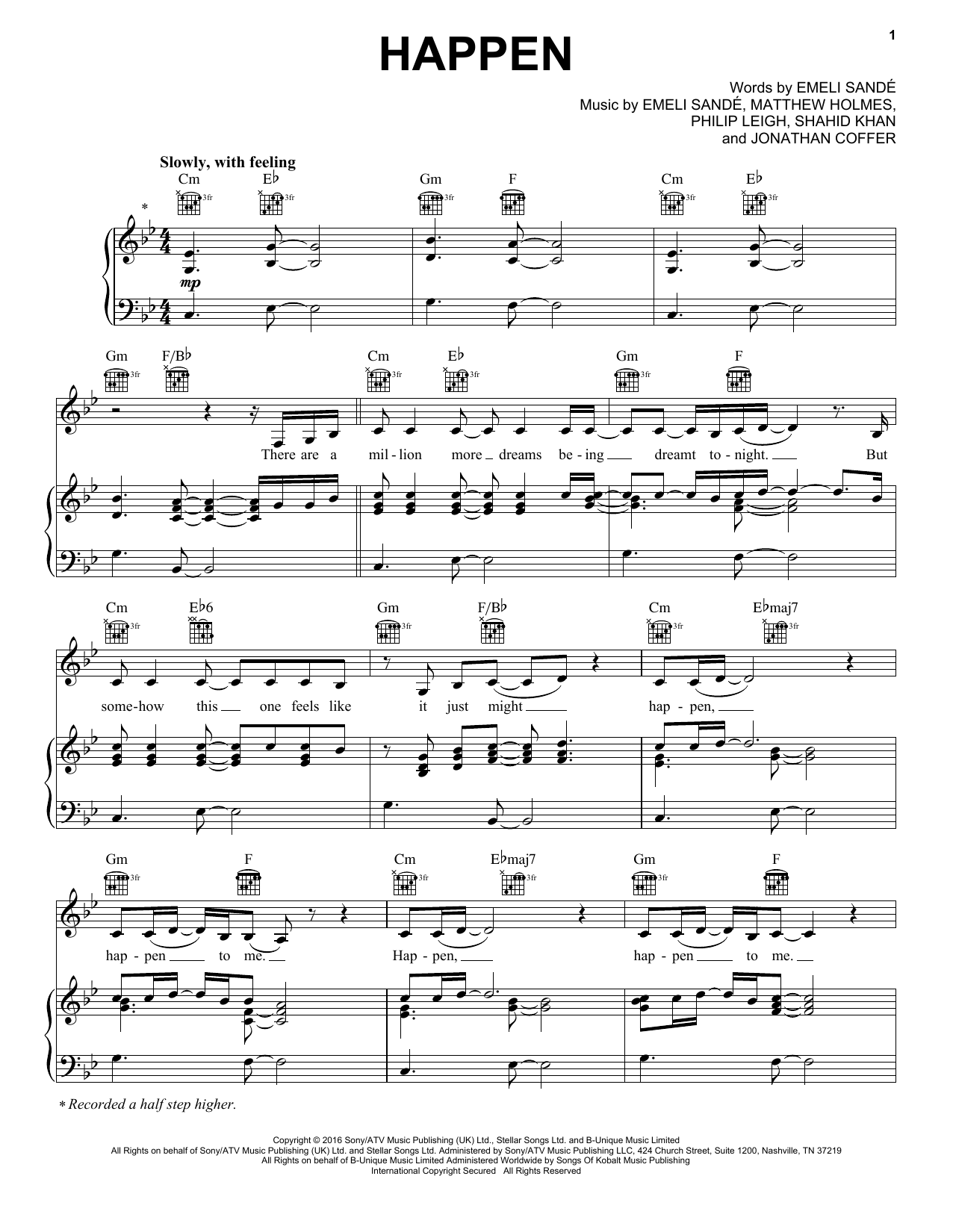 Emeli Sandé Happen Sheet Music Notes & Chords for Piano, Vocal & Guitar (Right-Hand Melody) - Download or Print PDF