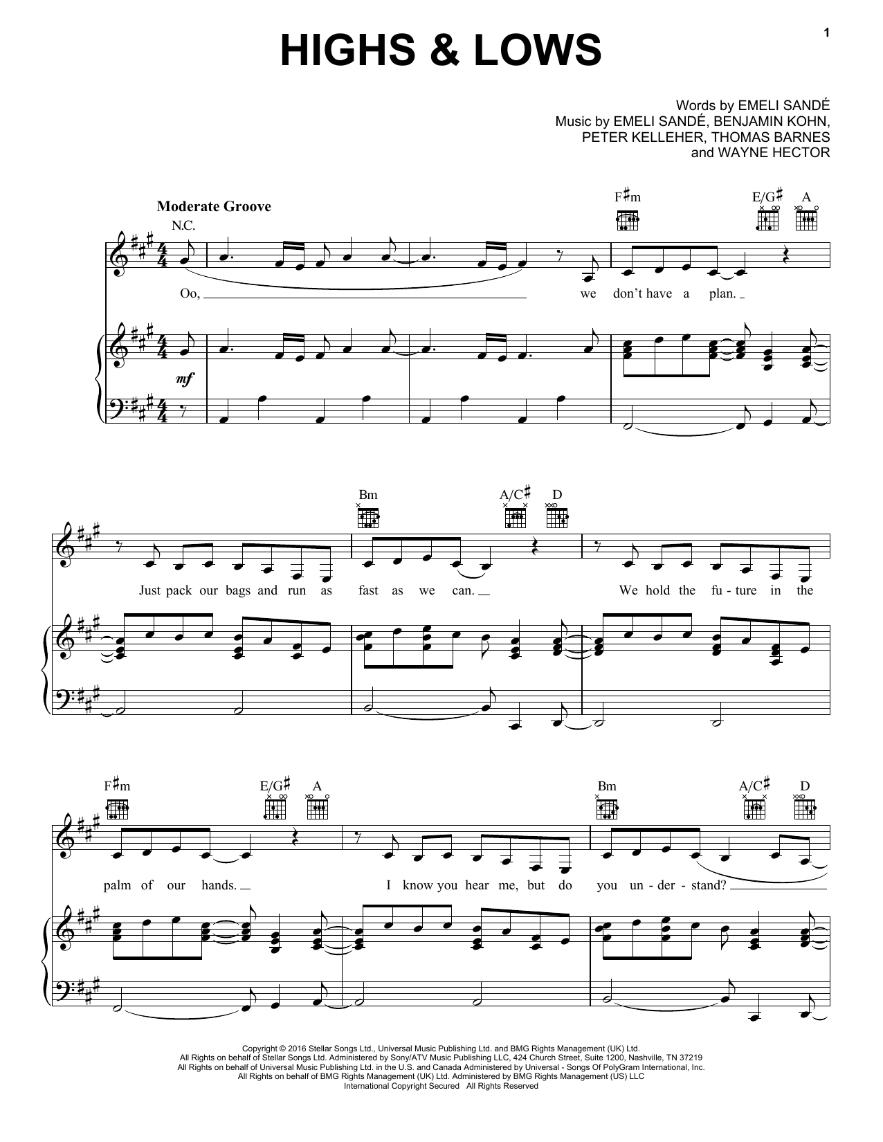 Emeli Sandé Highs & Lows Sheet Music Notes & Chords for Piano, Vocal & Guitar (Right-Hand Melody) - Download or Print PDF