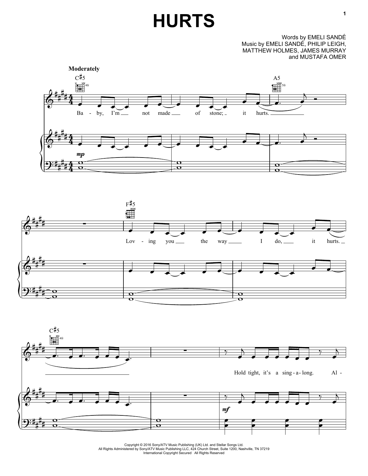 Emeli Sande Hurts Sheet Music Notes & Chords for Piano, Vocal & Guitar (Right-Hand Melody) - Download or Print PDF