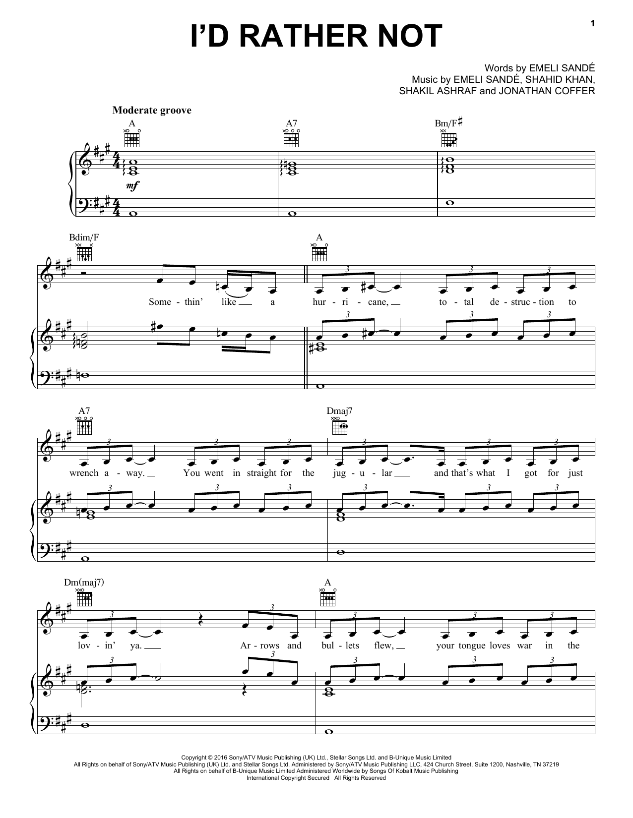 Emeli Sandé I'd Rather Not Sheet Music Notes & Chords for Piano, Vocal & Guitar (Right-Hand Melody) - Download or Print PDF