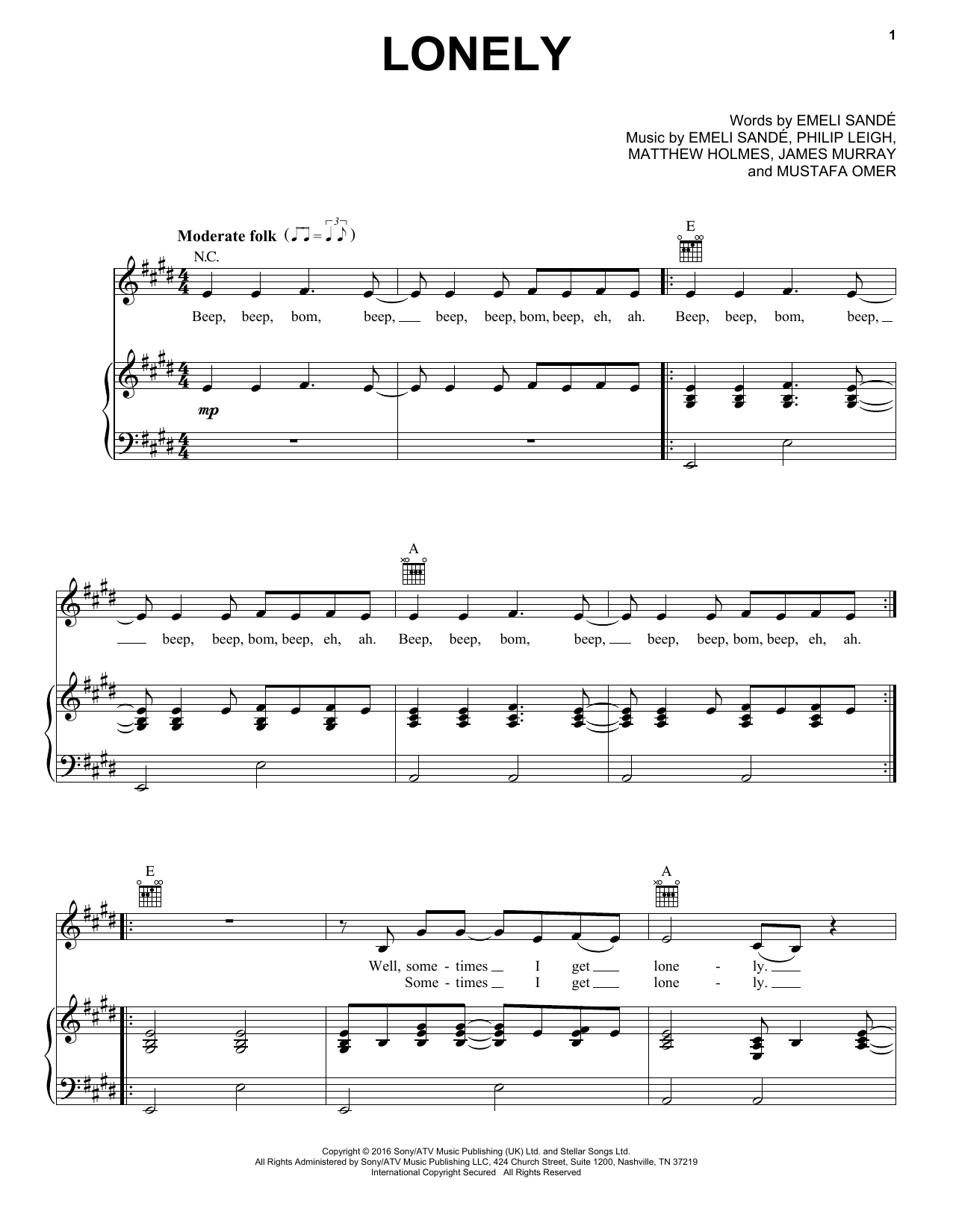 Emeli Sandé Lonely Sheet Music Notes & Chords for Piano, Vocal & Guitar (Right-Hand Melody) - Download or Print PDF