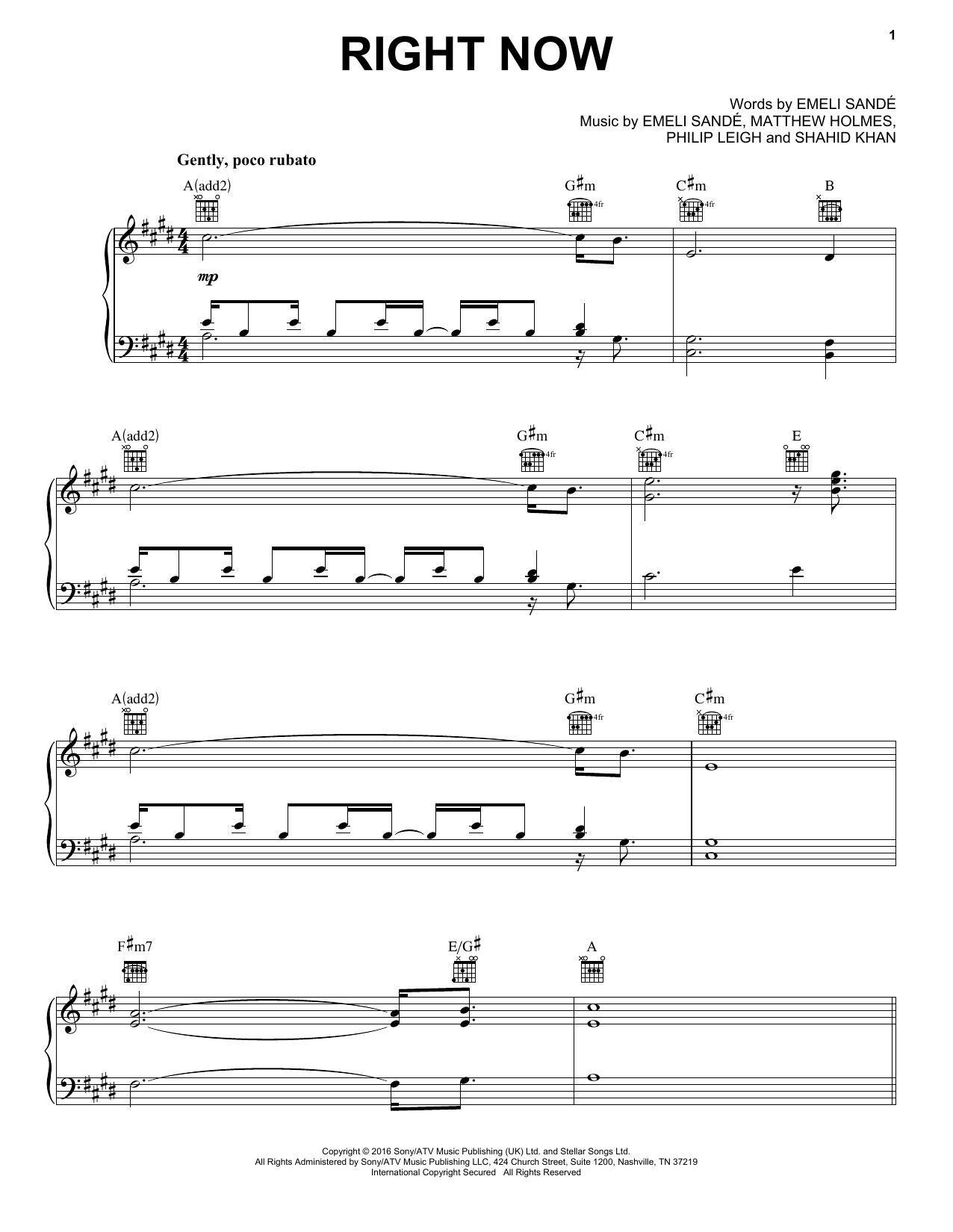 Emeli Sandé Right Now Sheet Music Notes & Chords for Piano, Vocal & Guitar (Right-Hand Melody) - Download or Print PDF