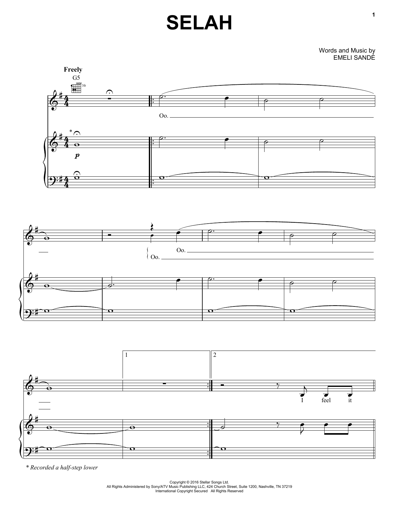 Emeli Sandé Selah Sheet Music Notes & Chords for Piano, Vocal & Guitar (Right-Hand Melody) - Download or Print PDF