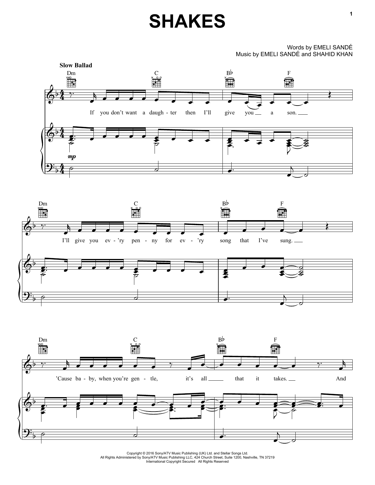Emeli Sandé Shakes Sheet Music Notes & Chords for Piano, Vocal & Guitar (Right-Hand Melody) - Download or Print PDF