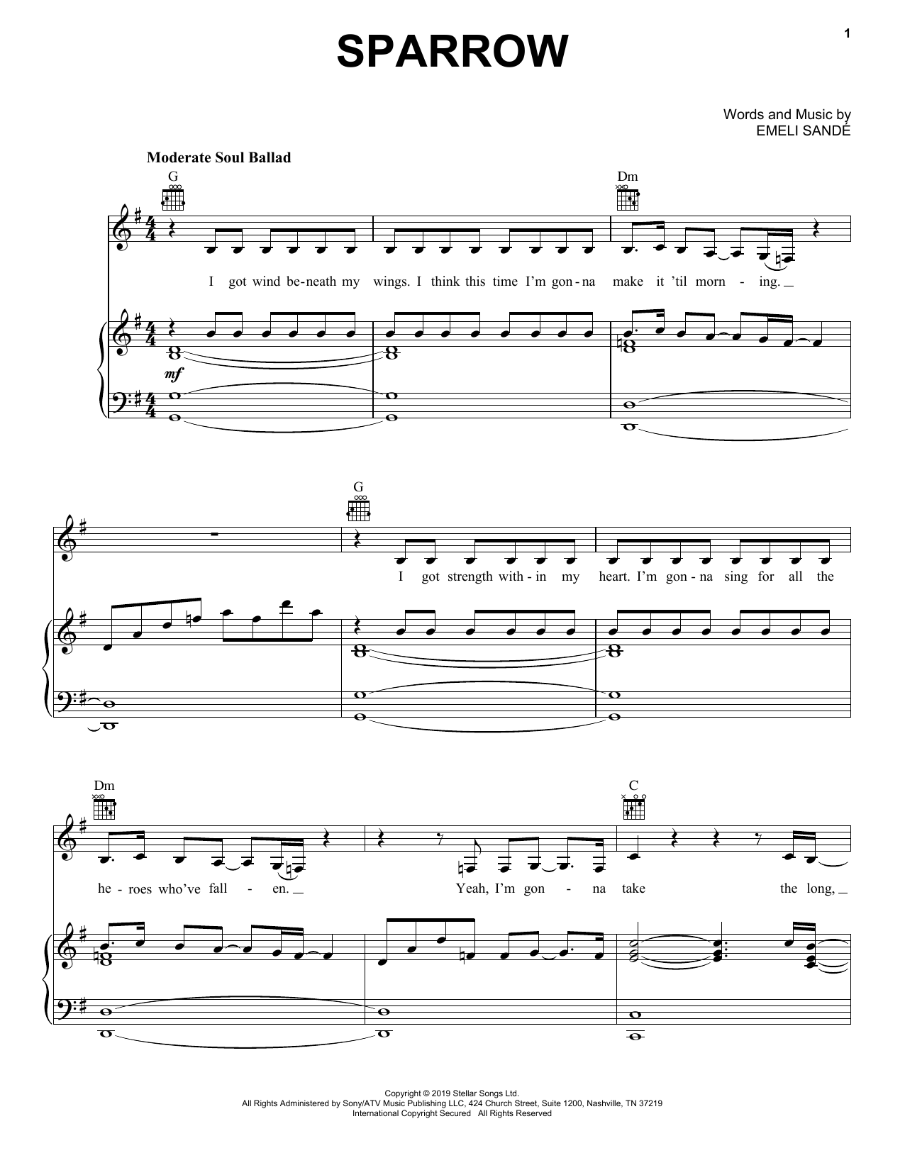 Emeli Sande Sparrow Sheet Music Notes & Chords for Piano, Vocal & Guitar (Right-Hand Melody) - Download or Print PDF