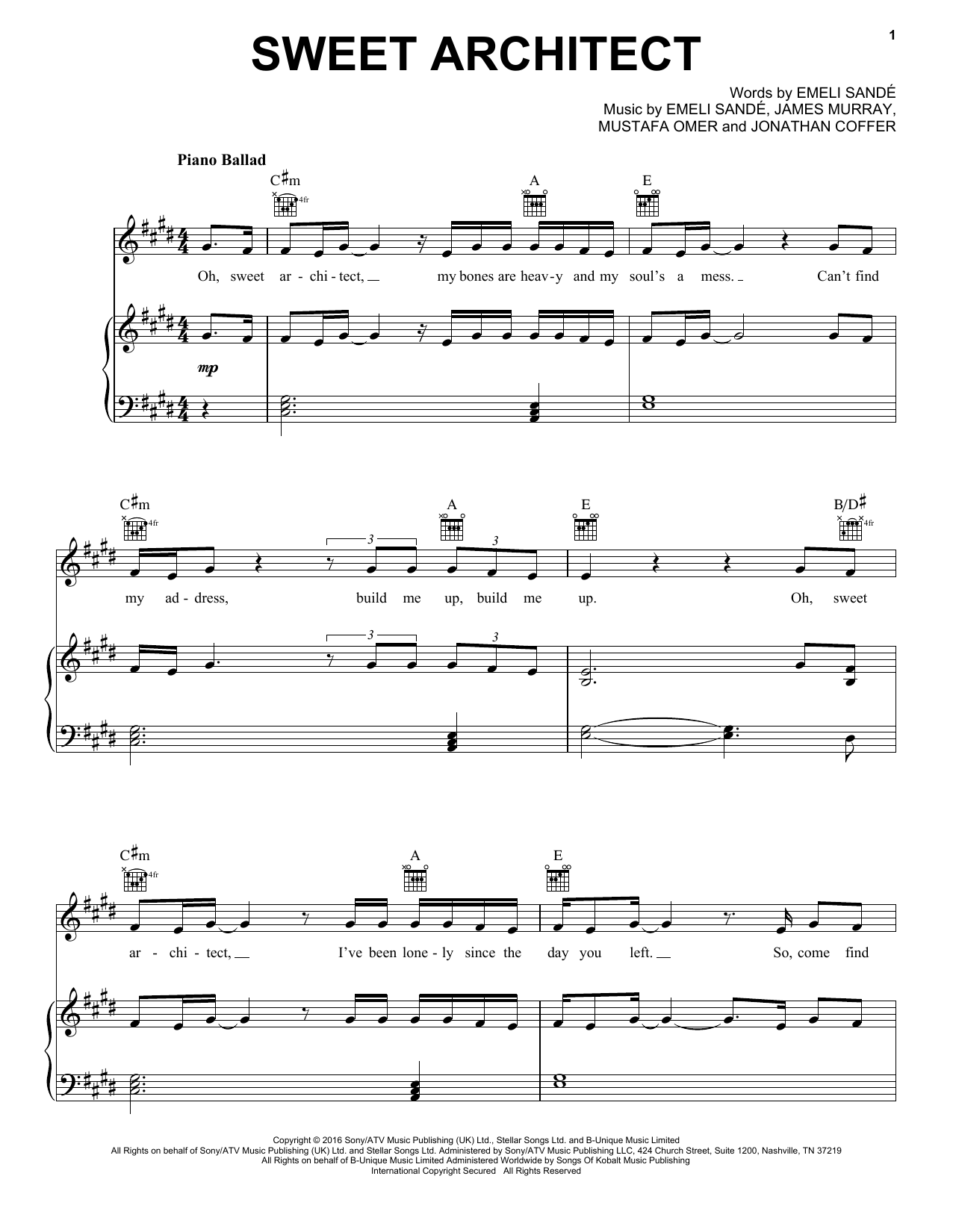 Emeli Sandé Sweet Architect Sheet Music Notes & Chords for Piano, Vocal & Guitar (Right-Hand Melody) - Download or Print PDF
