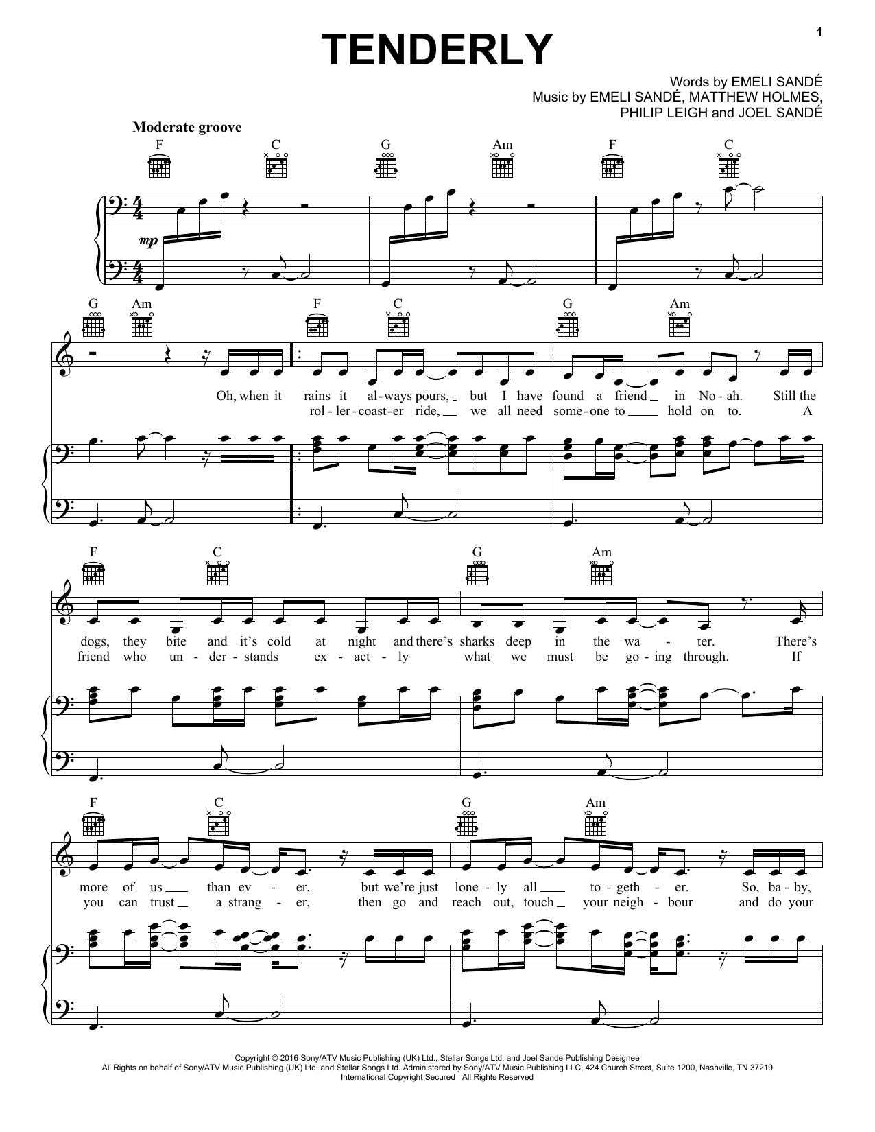 Emeli Sandé Tenderly Sheet Music Notes & Chords for Piano, Vocal & Guitar (Right-Hand Melody) - Download or Print PDF
