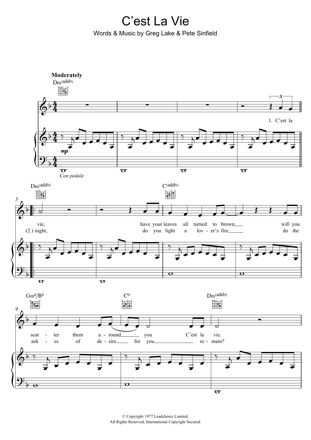 Emerson, Lake & Palmer C'est La Vie Sheet Music Notes & Chords for Piano, Vocal & Guitar (Right-Hand Melody) - Download or Print PDF