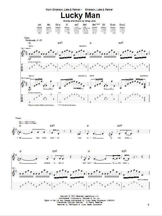 Emerson, Lake & Palmer Lucky Man Sheet Music Notes & Chords for Lyrics & Chords - Download or Print PDF