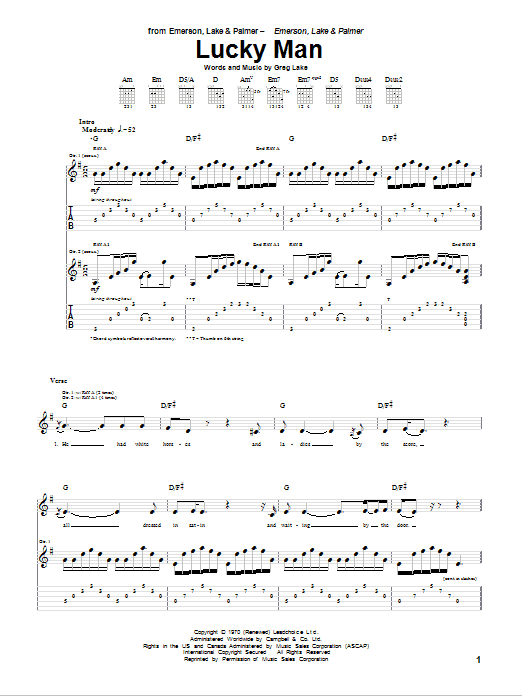 Emerson Lake & Palmer Lucky Man Sheet Music Notes & Chords for Ukulele with strumming patterns - Download or Print PDF