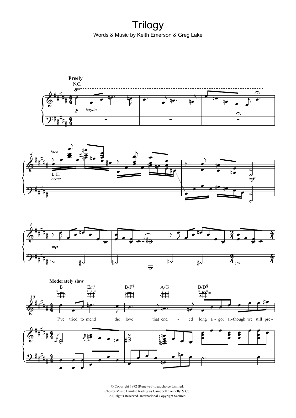 Emerson, Lake & Palmer Trilogy Sheet Music Notes & Chords for Piano, Vocal & Guitar (Right-Hand Melody) - Download or Print PDF