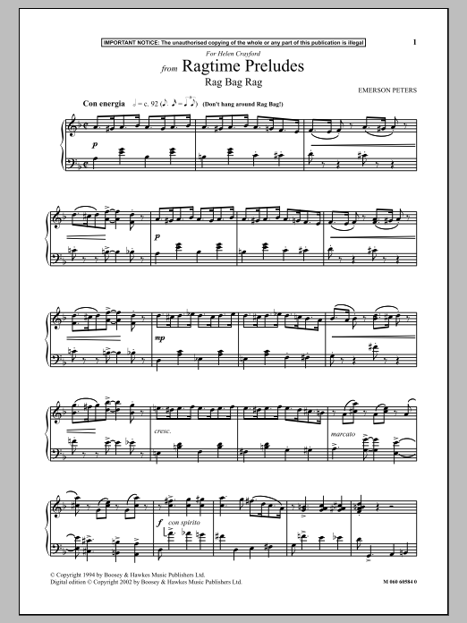 Emerson Peters Rag Bag Rag (from Ragtime Preludes) Sheet Music Notes & Chords for Piano Solo - Download or Print PDF