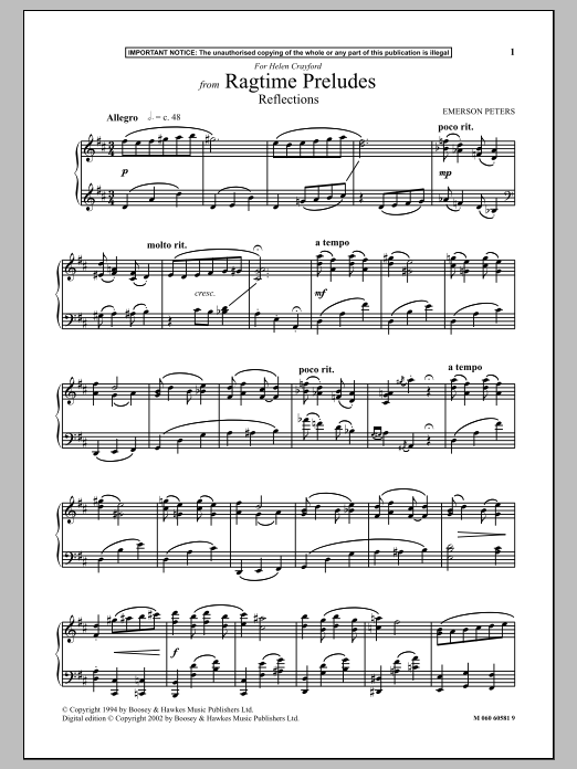 Emerson Peters Reflections (from Ragtime Preludes) Sheet Music Notes & Chords for Piano Solo - Download or Print PDF