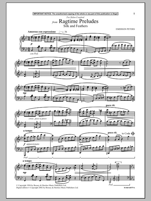 Emerson Peters Silk And Feathers (from Ragtime Preludes) Sheet Music Notes & Chords for Piano Solo - Download or Print PDF