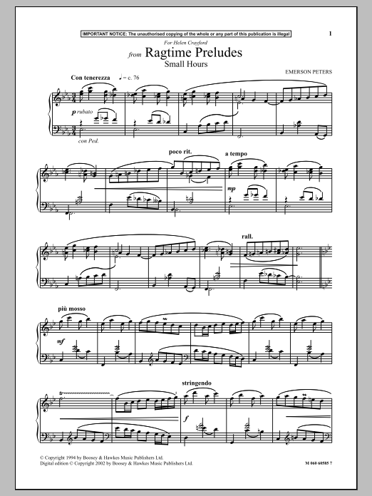Emerson Peters Small Hours (from Ragtime Preludes) Sheet Music Notes & Chords for Piano Solo - Download or Print PDF