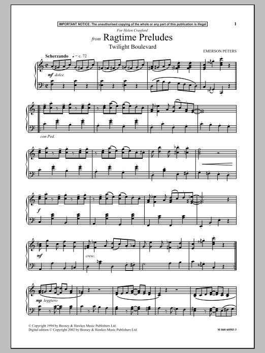Emerson Peters Twilight Boulevard (from Ragtime Preludes) Sheet Music Notes & Chords for Piano Solo - Download or Print PDF