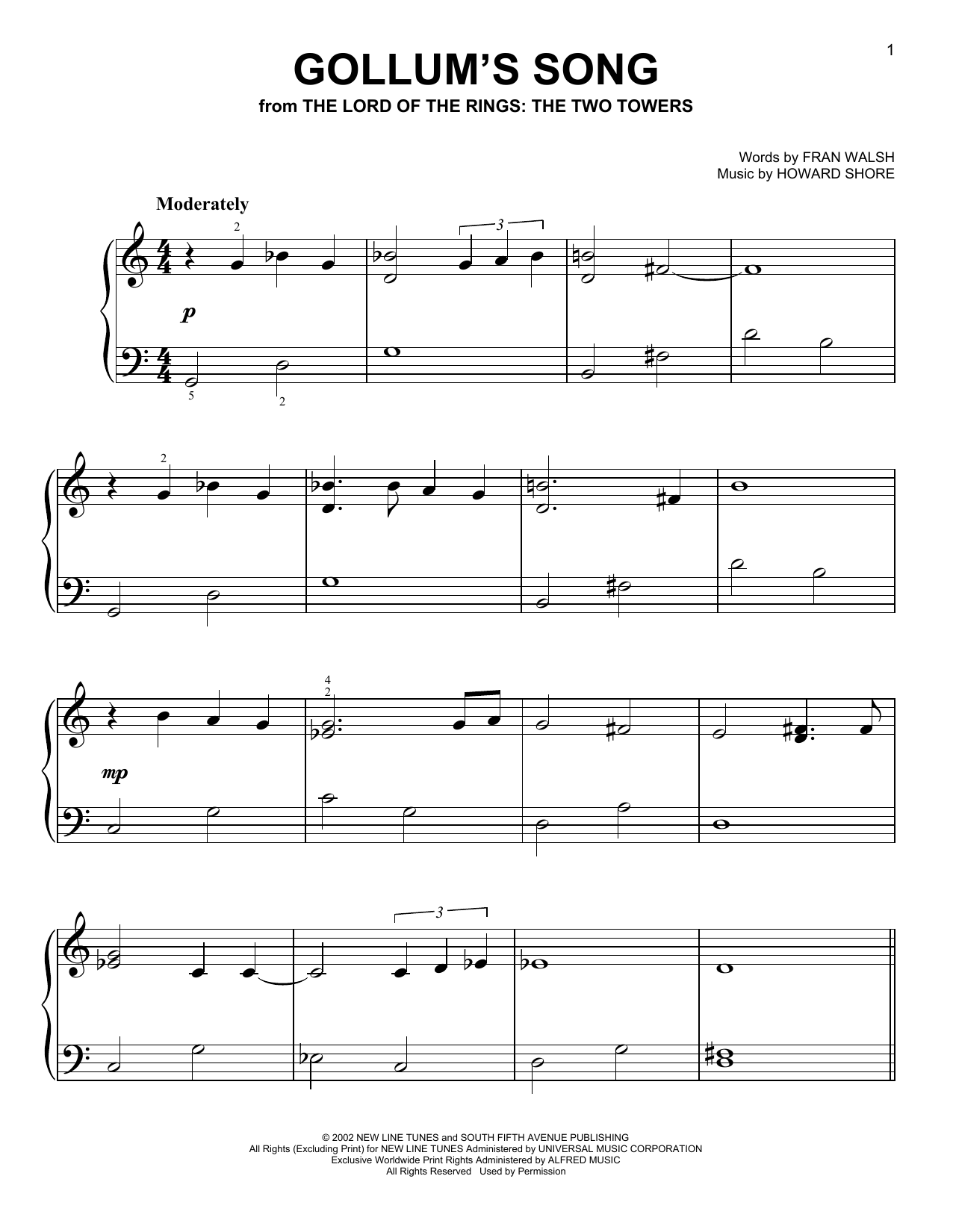 Emilíana Torrini Gollum's Song (from The Lord Of The Rings: The Two Towers) Sheet Music Notes & Chords for Easy Piano - Download or Print PDF