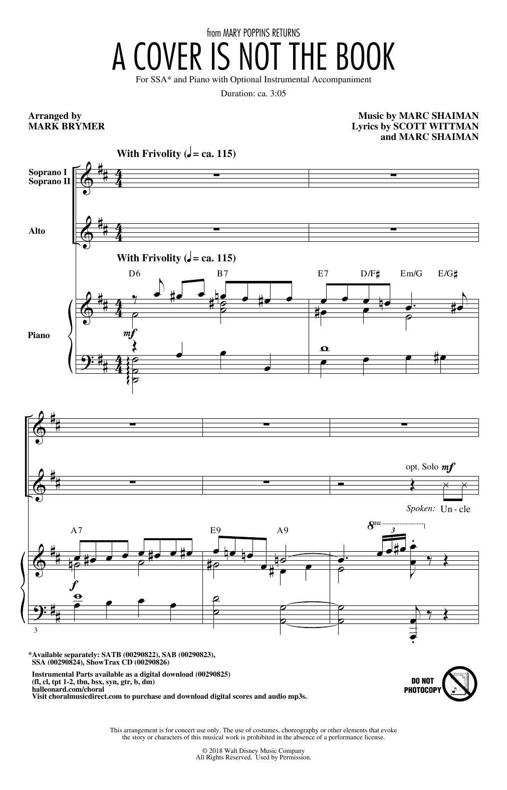 Emily Blunt, Lin-Manuel Miranda & Company A Cover Is Not The Book (from Mary Poppins Returns) (arr. Mark Brymer) Sheet Music Notes & Chords for SSA Choir - Download or Print PDF