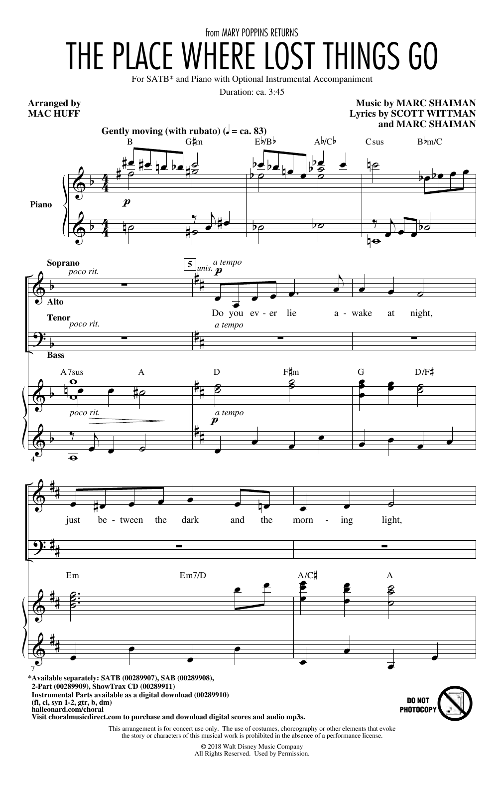 Emily Blunt The Place Where Lost Things Go (from Mary Poppins Returns) (arr. Mac Huff) Sheet Music Notes & Chords for SATB Choir - Download or Print PDF Emily Blunt The Place Where Lost Things Go (from Mary Poppins Returns) (arr. Mac Huff) Sheet Music Notes & Chords for SATB Choir - Download or Print PDF