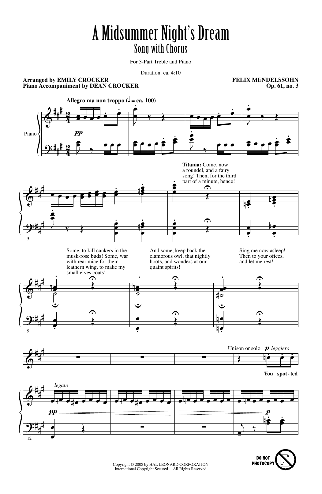 Emily Crocker A Midsummer Night's Dream Overture, Excerpt Sheet Music Notes & Chords for 3-Part Treble - Download or Print PDF