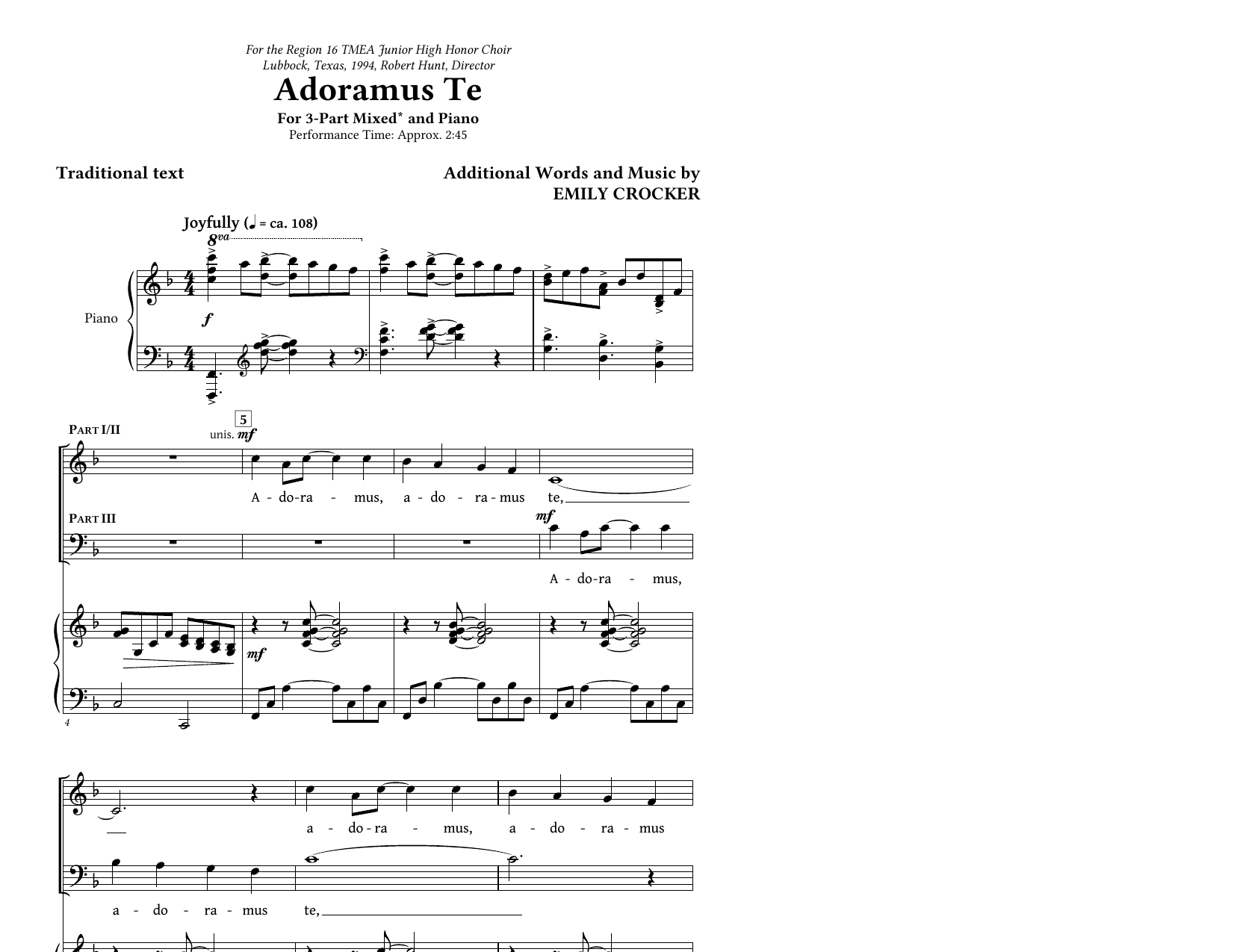 Emily Crocker Adoramus Te Sheet Music Notes & Chords for 2-Part Choir - Download or Print PDF