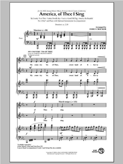Emily Crocker America, Of Thee I Sing Sheet Music Notes & Chords for 2-Part Choir - Download or Print PDF