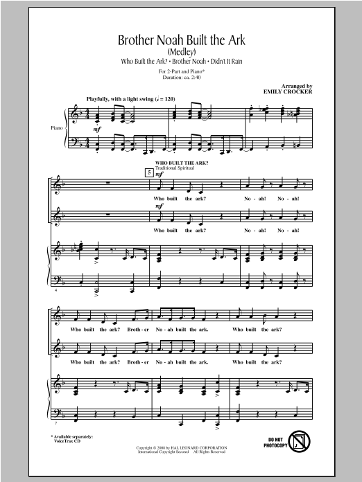 Emily Crocker Brother Noah Built The Ark Sheet Music Notes & Chords for 2-Part Choir - Download or Print PDF