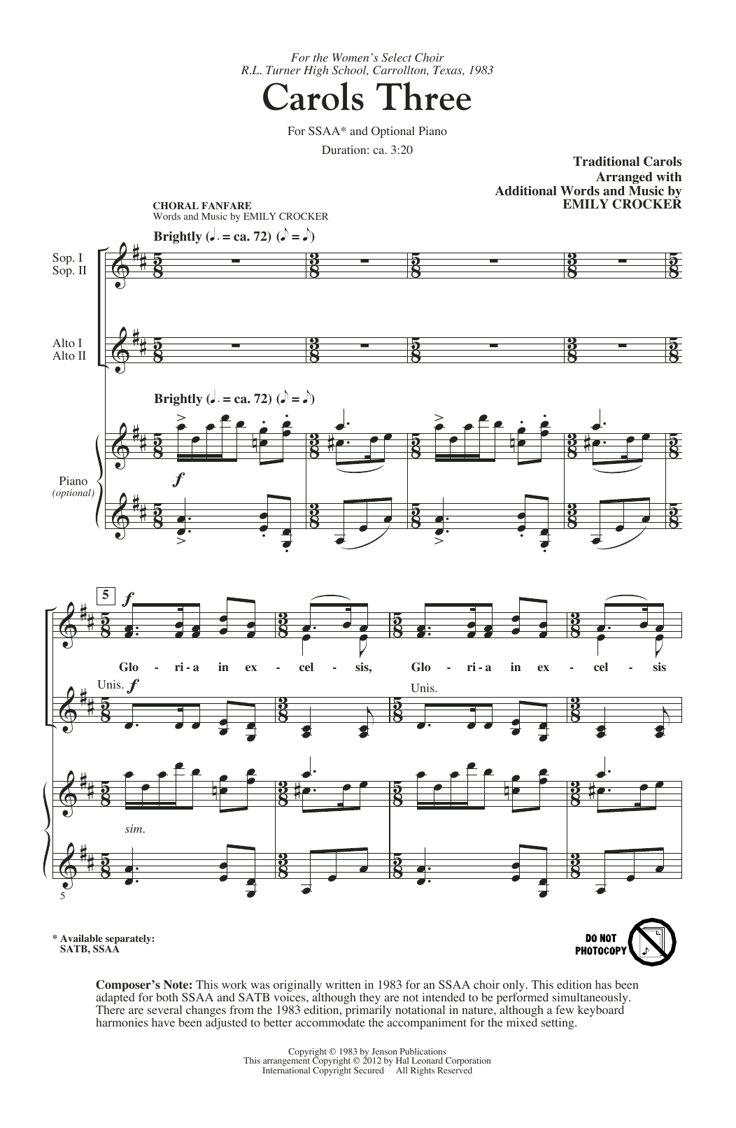 Emily Crocker Carols Three (Medley) Sheet Music Notes & Chords for SSA - Download or Print PDF