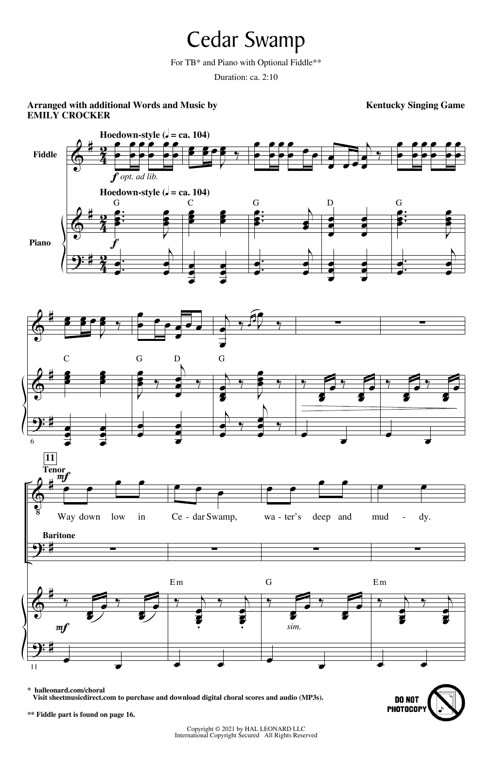 Emily Crocker Cedar Swamp Sheet Music Notes & Chords for TB Choir - Download or Print PDF