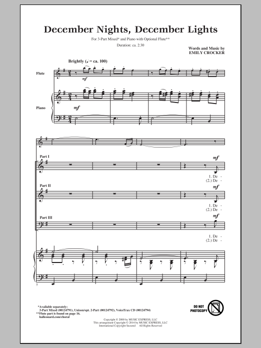 Emily Crocker December Nights, December Lights Sheet Music Notes & Chords for 3-Part Mixed - Download or Print PDF