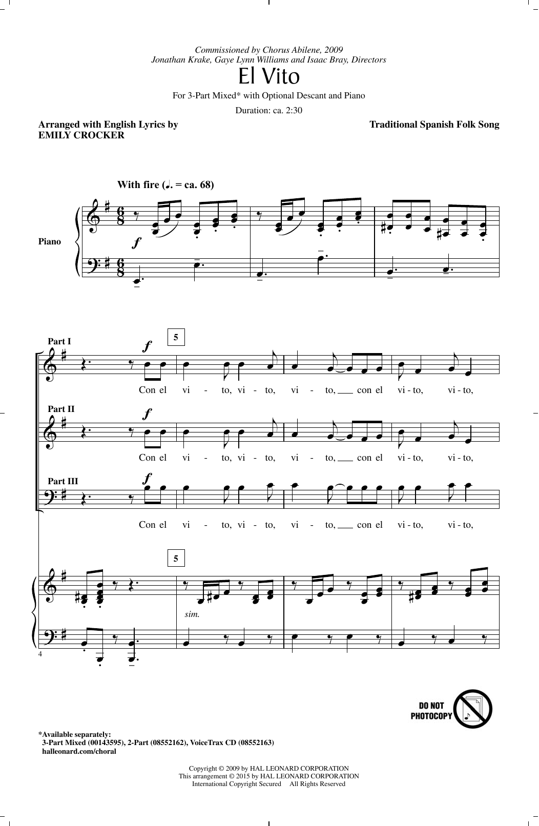 Traditional Spanish Folksong El Vito (arr. Emily Crocker) Sheet Music Notes & Chords for 3-Part Mixed - Download or Print PDF