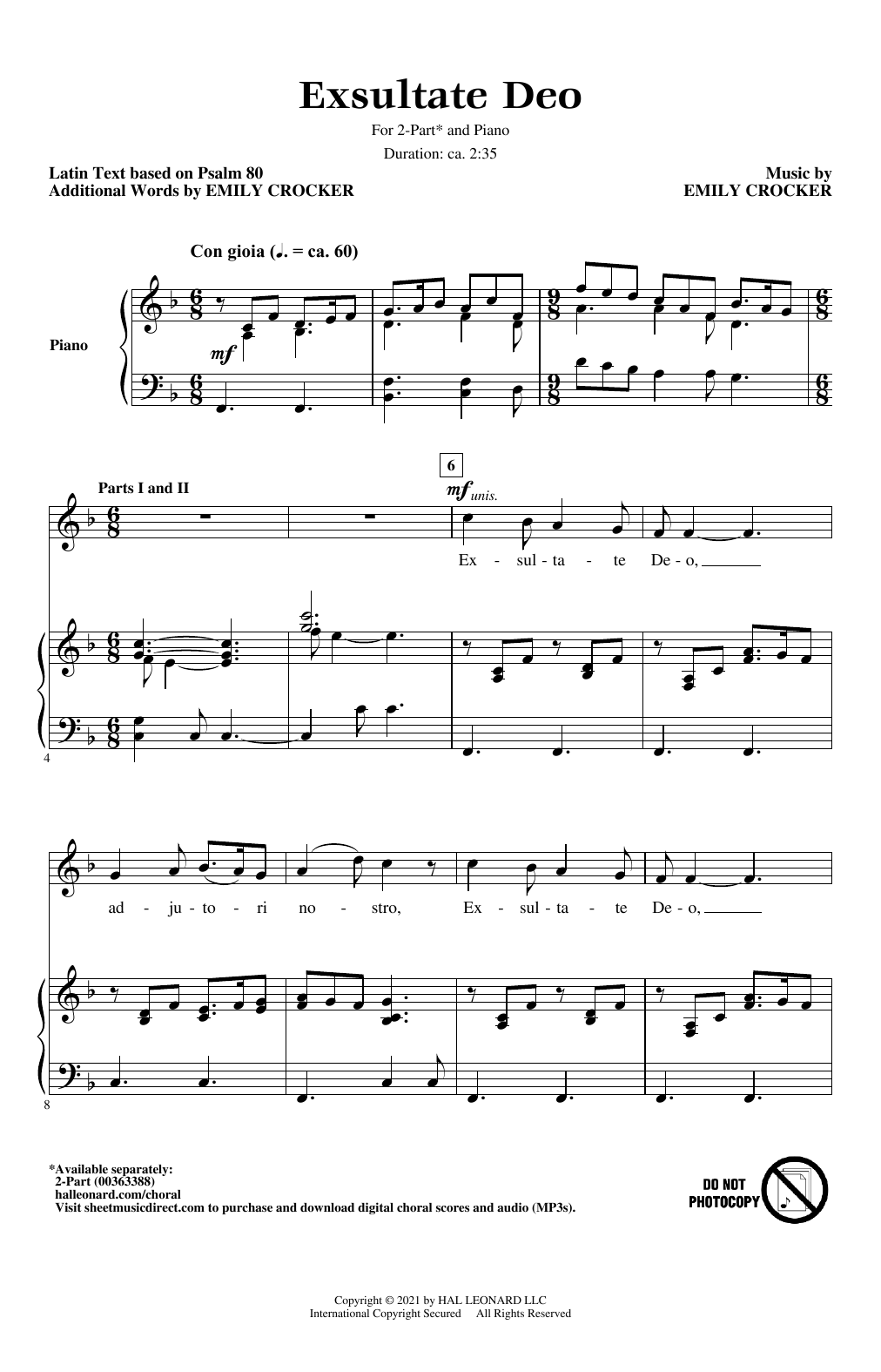 Emily Crocker Exsultate Deo Sheet Music Notes & Chords for 2-Part Choir - Download or Print PDF