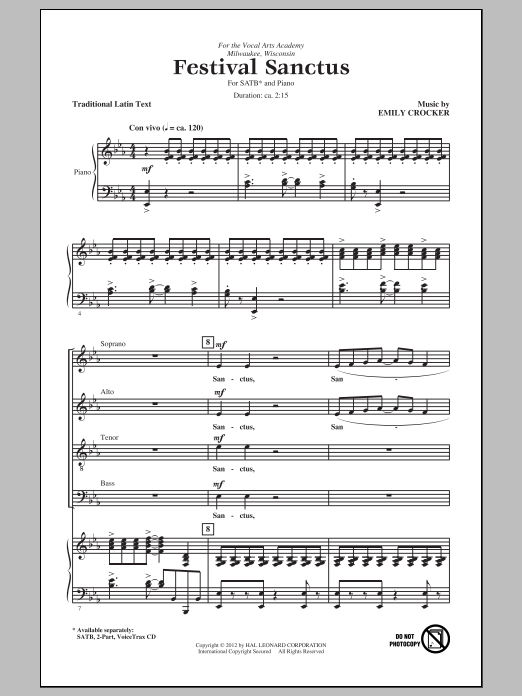 Emily Crocker Festival Sanctus Sheet Music Notes & Chords for 2-Part Choir - Download or Print PDF