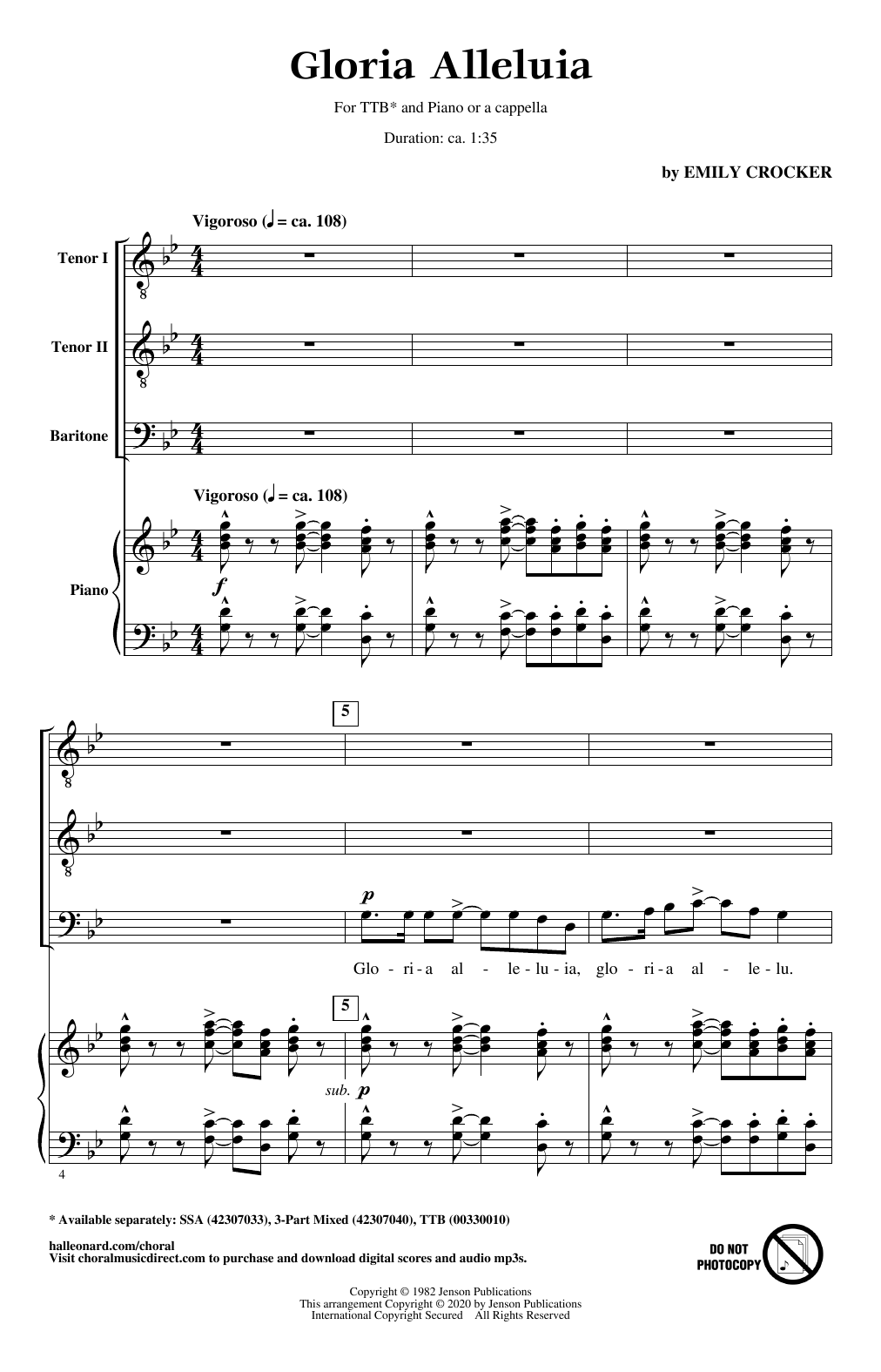 Emily Crocker Gloria Alleluia Sheet Music Notes & Chords for TTBB Choir - Download or Print PDF