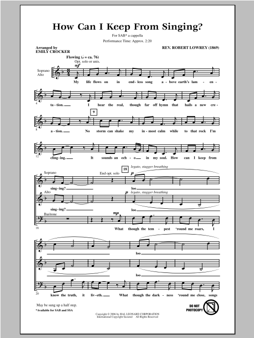 Robert Lowry How Can I Keep From Singing (arr. Emily Crocker) Sheet Music Notes & Chords for SAB - Download or Print PDF