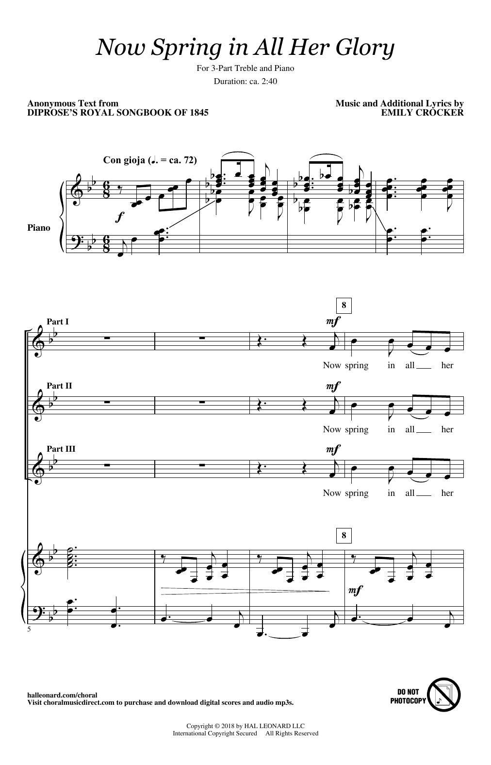 Emily Crocker Now Spring In All Her Glory Sheet Music Notes & Chords for 3-Part Treble Choir - Download or Print PDF