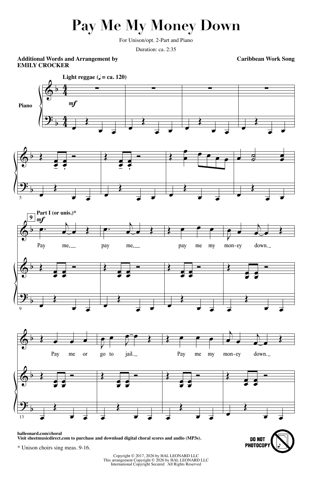 Emily Crocker Pay Me My Money Down Sheet Music Notes & Chords for Choir - Download or Print PDF