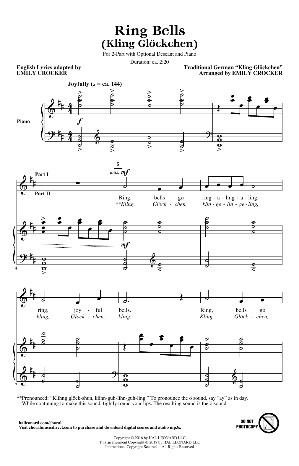 Emily Crocker Ring Bells (Kling Glockchen) Sheet Music Notes & Chords for 2-Part Choir - Download or Print PDF