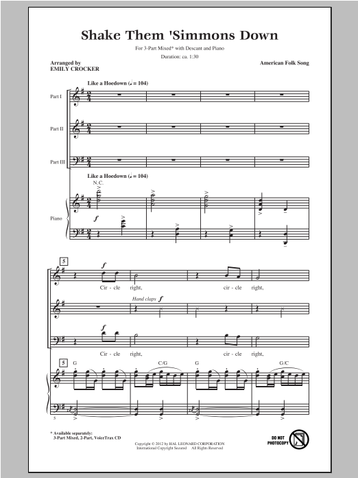 Traditional Shake Those 'Simmons Down (arr. Emily Crocker) Sheet Music Notes & Chords for 2-Part Choir - Download or Print PDF