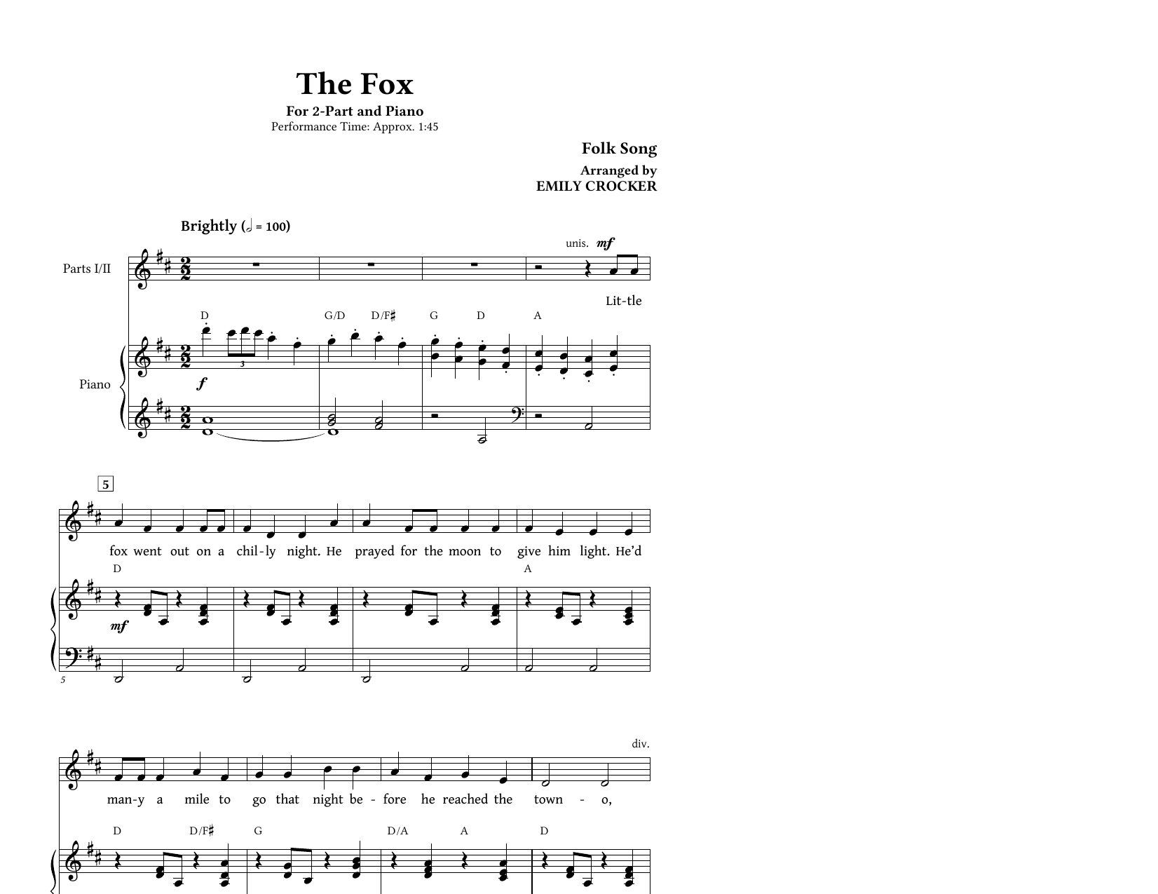 Emily Crocker The Fox (Folk Song) Sheet Music Notes & Chords for 2-Part Choir - Download or Print PDF