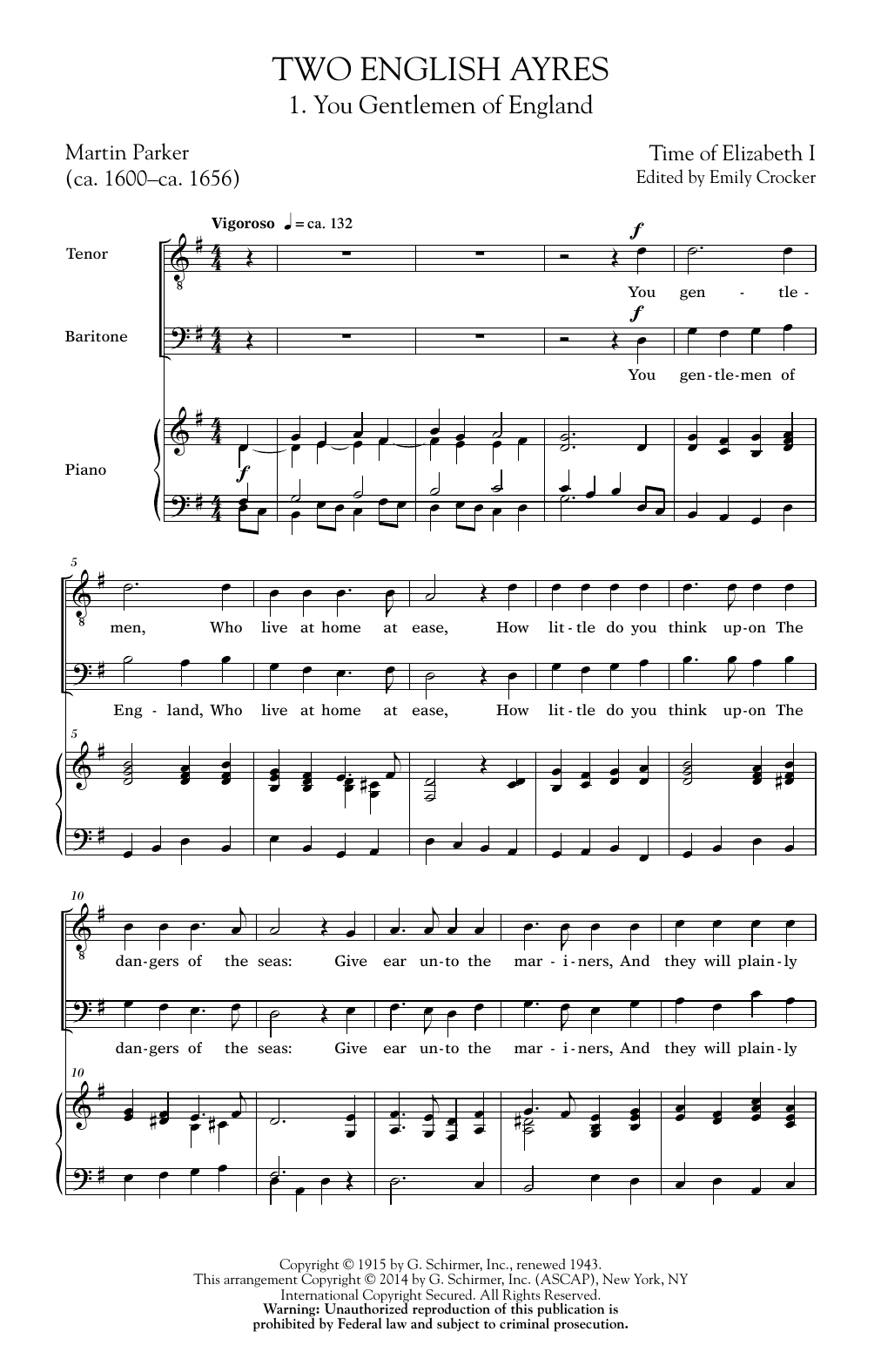 Emily Crocker Two English Ayres Sheet Music Notes & Chords for TB - Download or Print PDF