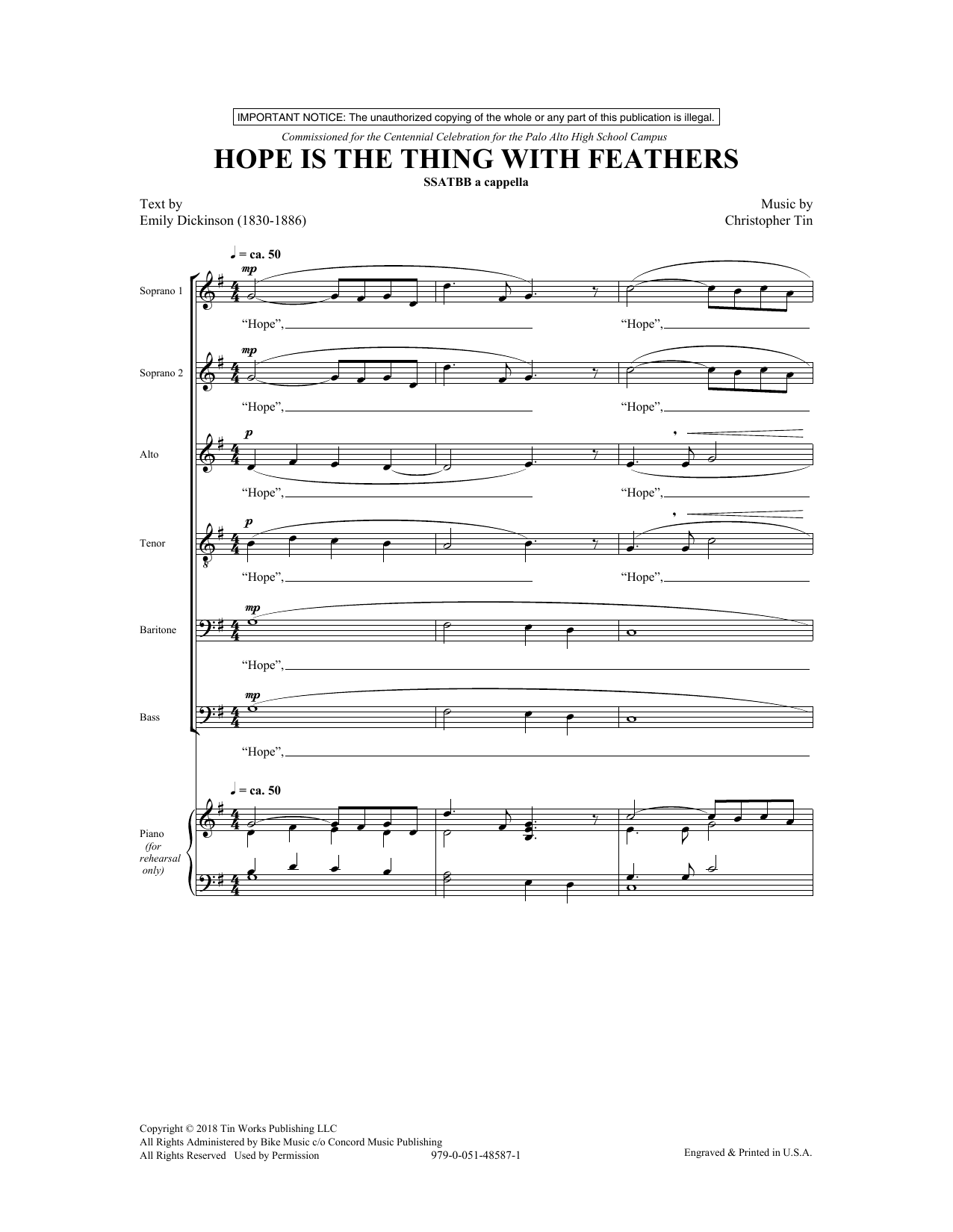 Emily Dickinson and Christopher Tin Hope Is The Thing With Feathers Sheet Music Notes & Chords for SATB Choir - Download or Print PDF