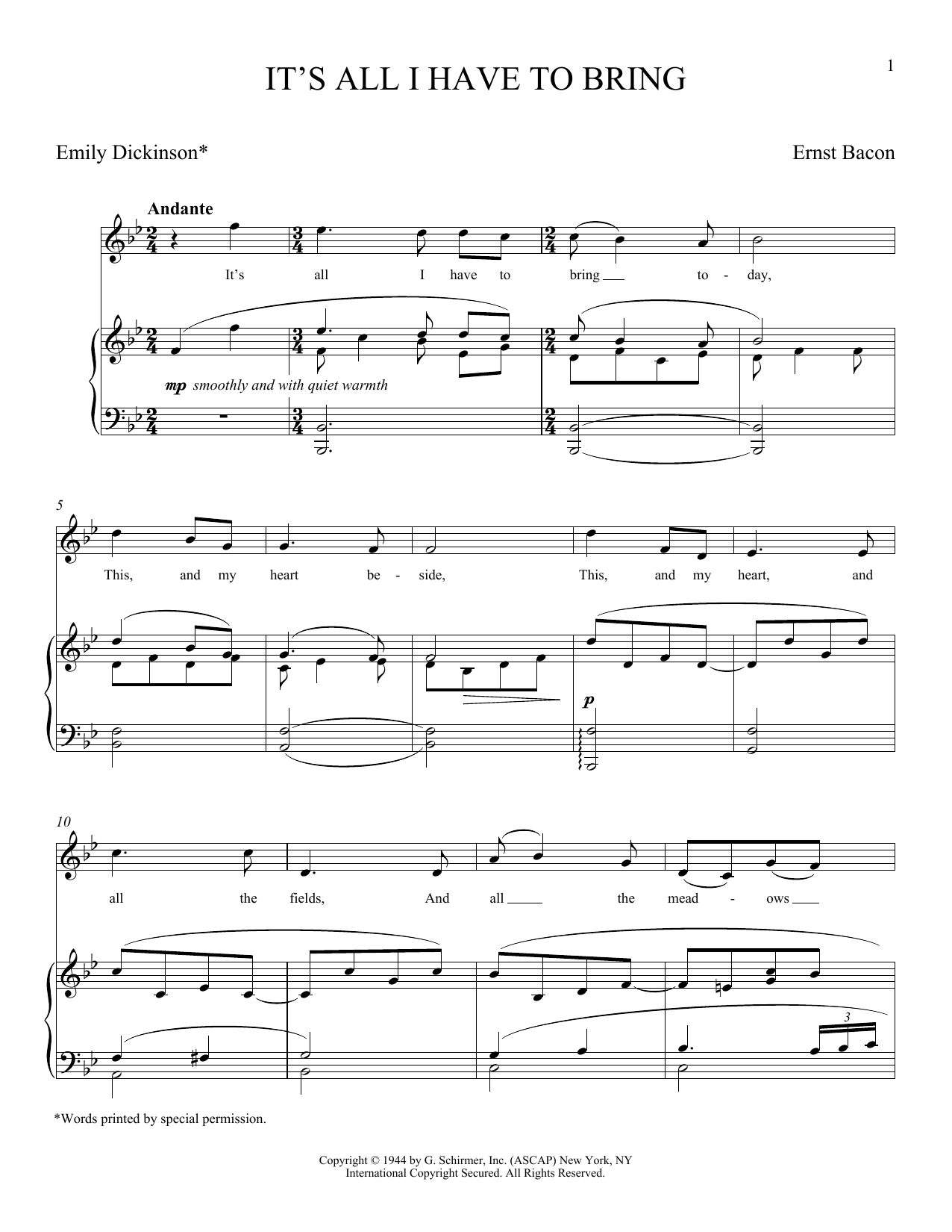 Emily Dickinson It's All I Have To Bring (Bacon) Sheet Music Notes & Chords for Piano & Vocal - Download or Print PDF