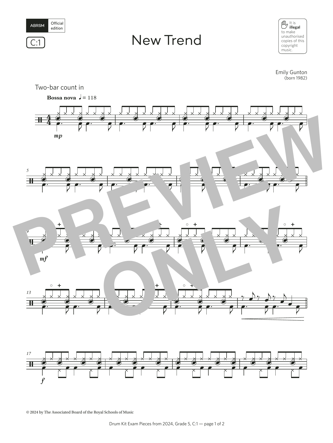 Emily Gunton New Trend (Grade 5, list C1, from the ABRSM Drum Kit Syllabus 2024) Sheet Music Notes & Chords for Drums - Download or Print PDF