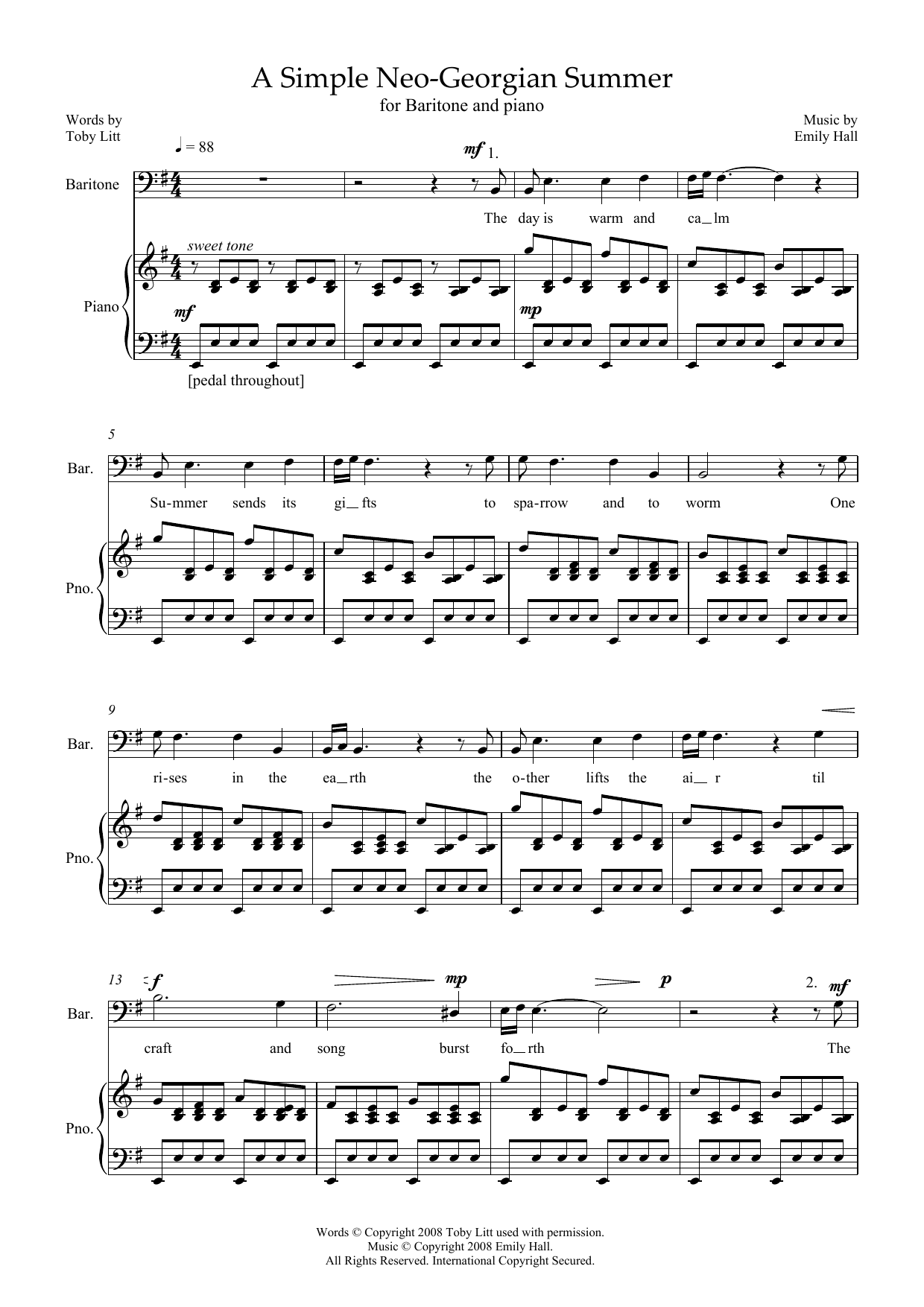 Emily Hall A Simple Neo-Georgian Summer (for baritone and piano) Sheet Music Notes & Chords for Piano & Vocal - Download or Print PDF
