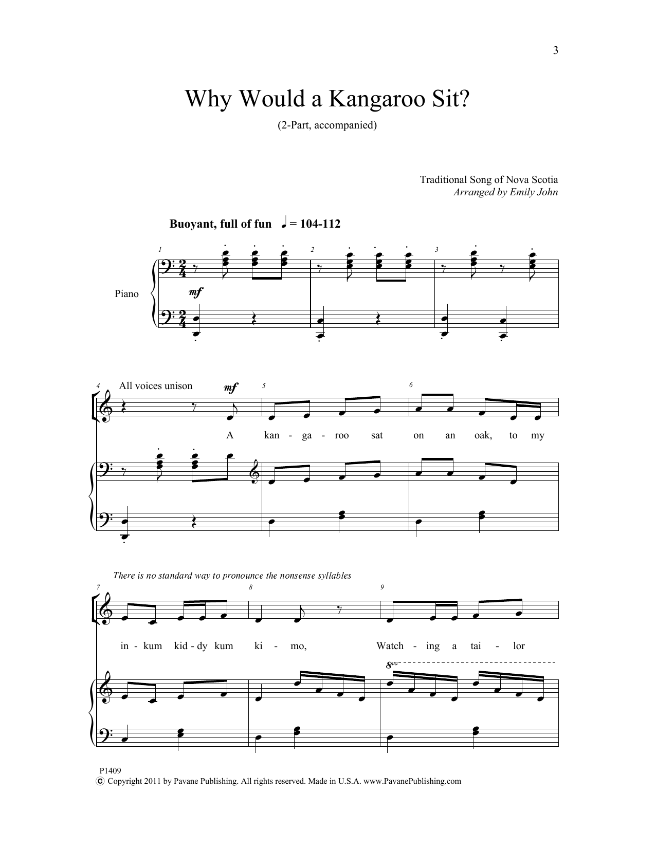 Emily John Why Would a Kangaroo Sit? Sheet Music Notes & Chords for Choral - Download or Print PDF
