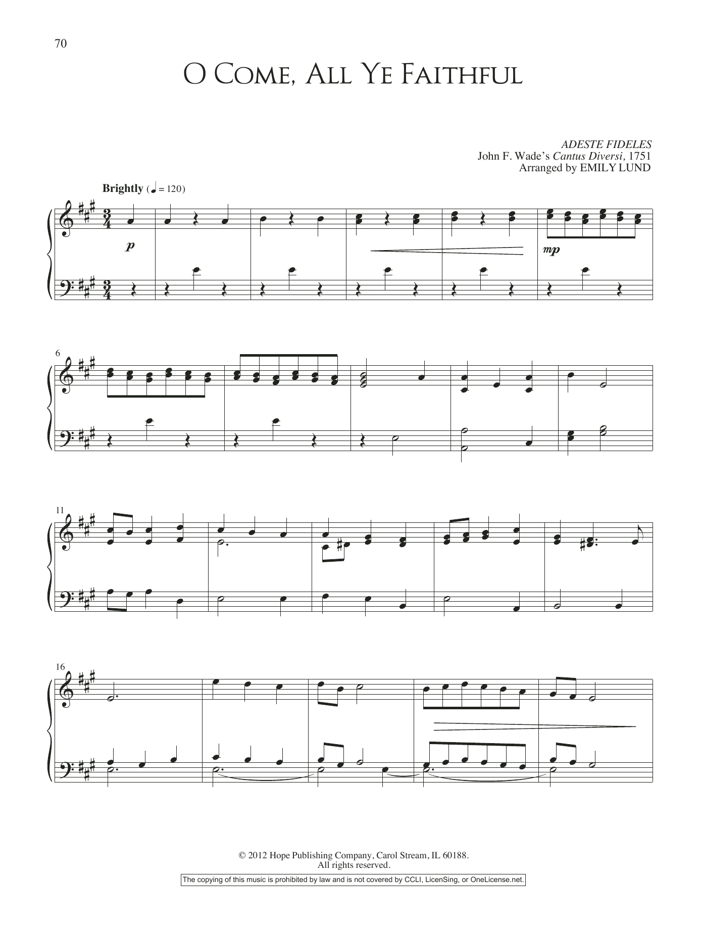 Emily Lund O Come, All Ye Faithful Sheet Music Notes & Chords for Piano Solo - Download or Print PDF